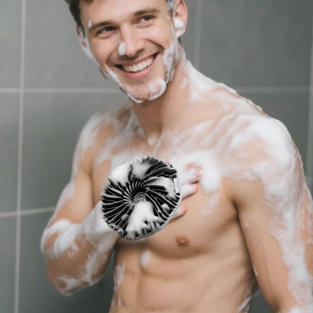 Gentle Exfoliating Silicone Body Scrubber for Sensitive Skin - Non-Slip Handheld Shower Brush (Grey)